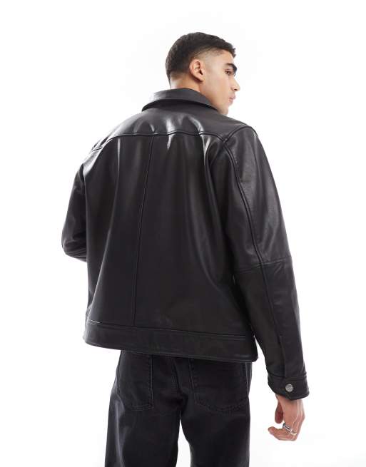 Jack & Jones real leather harrington jacket in black | ASOS
