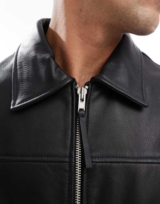 Jack & Jones real leather harrington jacket in black | ASOS