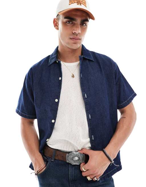 Jack & Jones - Recht overhemd met korte mouwen in donker indigo 