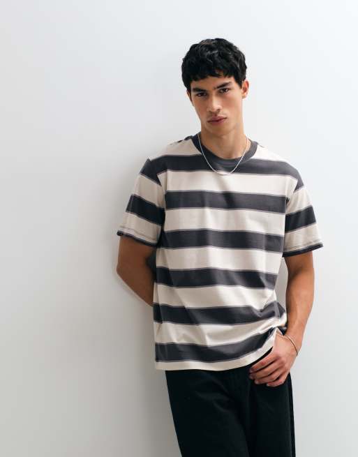 Jack & Jones regular t-shirt in off white and charcoal stripe, 2 of 5