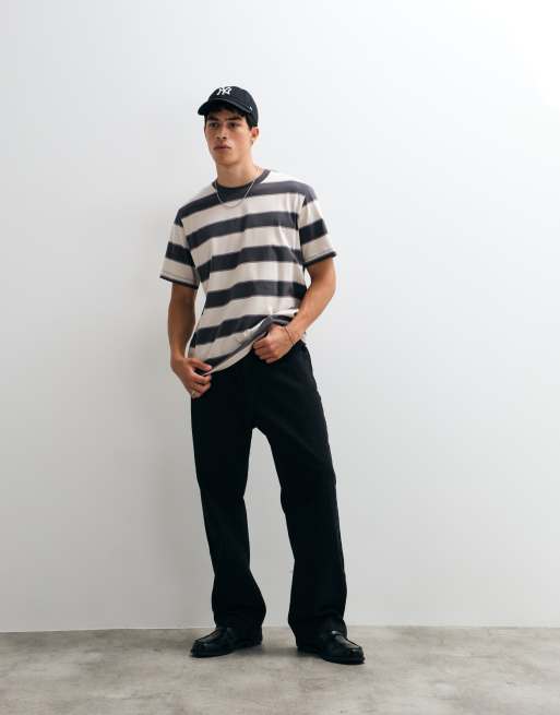Jack & Jones regular t-shirt in off white and charcoal stripe, 3 of 5