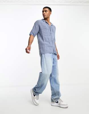 Jack & Jones Jack & Jones relaxed fit open knit polo shirt in blue