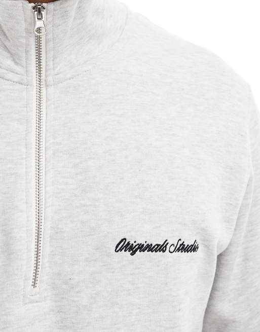 Jack & Jones – Relaxed Fit Sweatshirt in meliertem Grau mit kurzem Reißverschluss, 5 von 5