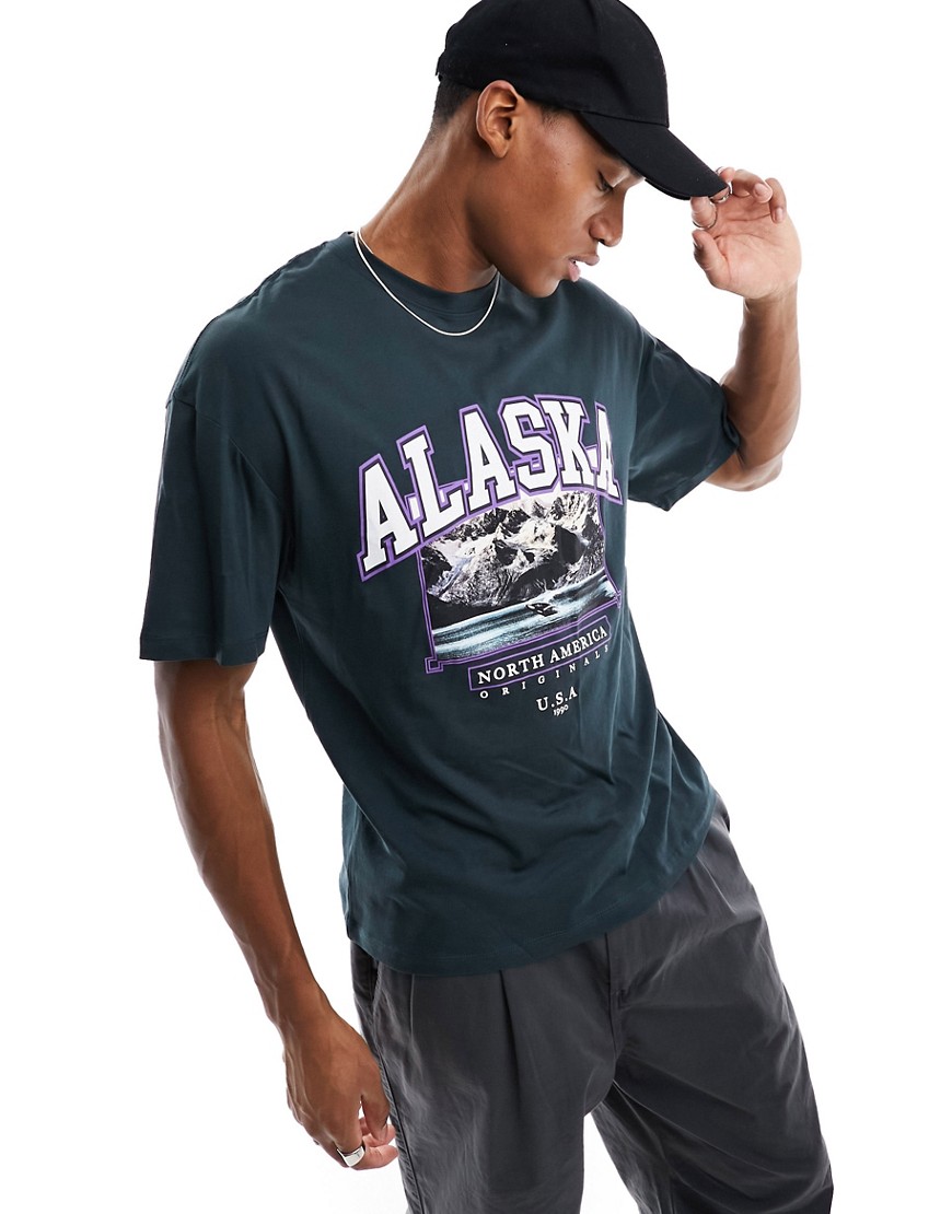 Jack & Jones relaxed fit t-shirt with Alaska print in dark green