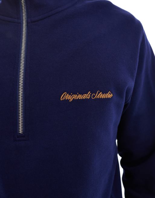 Jack & Jones relaxed quarter zip sweatshirt in navy | ASOS