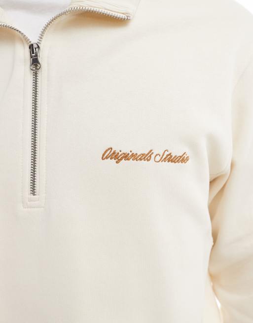 Jack & Jones relaxed quarter zip sweatshirt in off white, 5 of 5