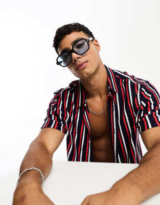 Jack & Jones Jack & Jones retro square sunglasses in black with blue lens