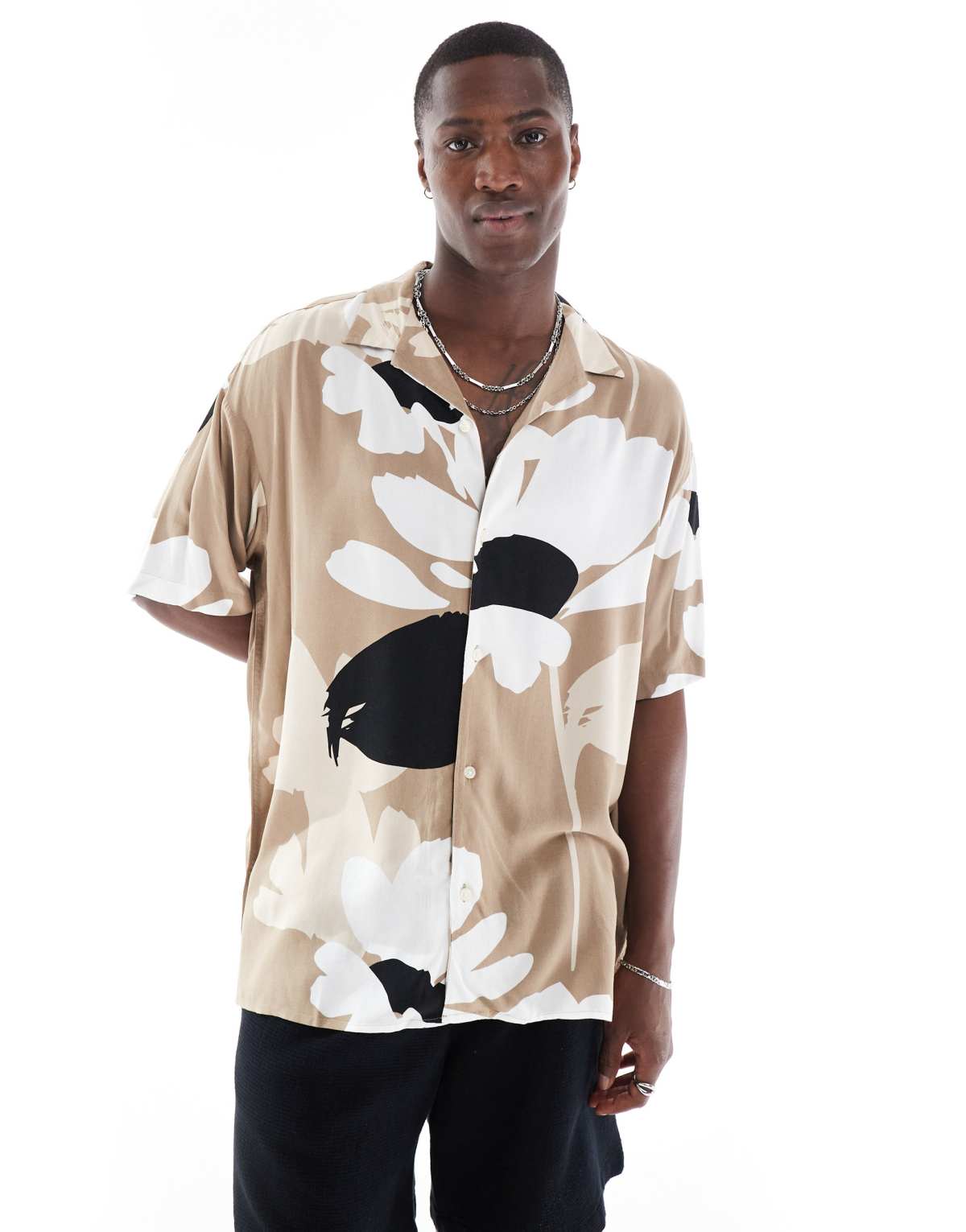 Jack & Jones revere collar abstract floral shirt in beige