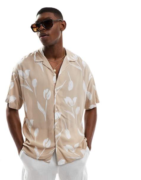 Jack & Jones revere collar floral print shirt sleeve shirt in beige - view 1