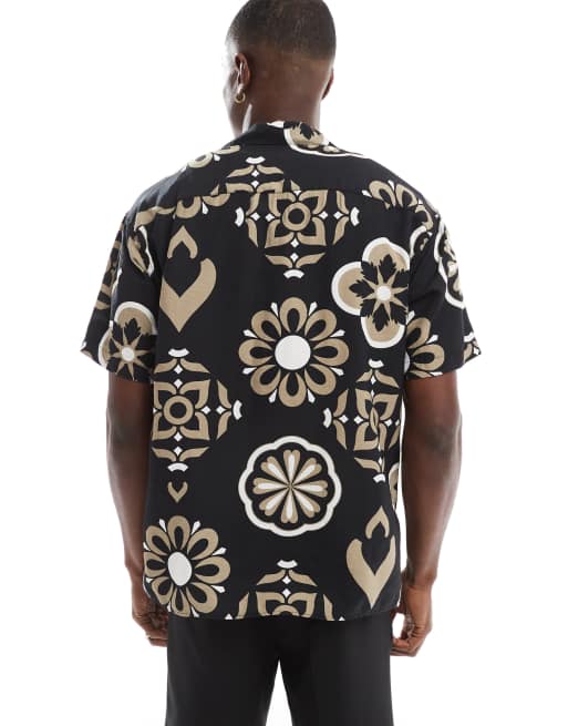 Jack & Jones revere collar geo short sleeve shirt in black, 4 of 4