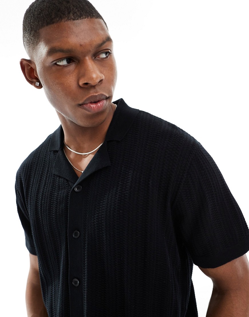 Jack & Jones Revere Collar Knit Shirt In Black