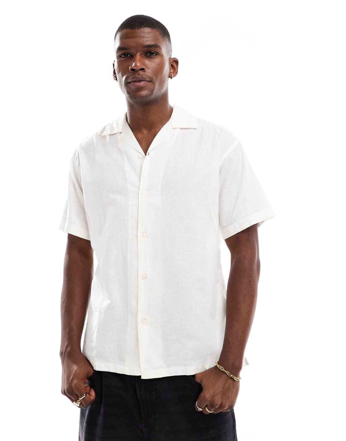 Jack & Jones revere collar linen shirt in white