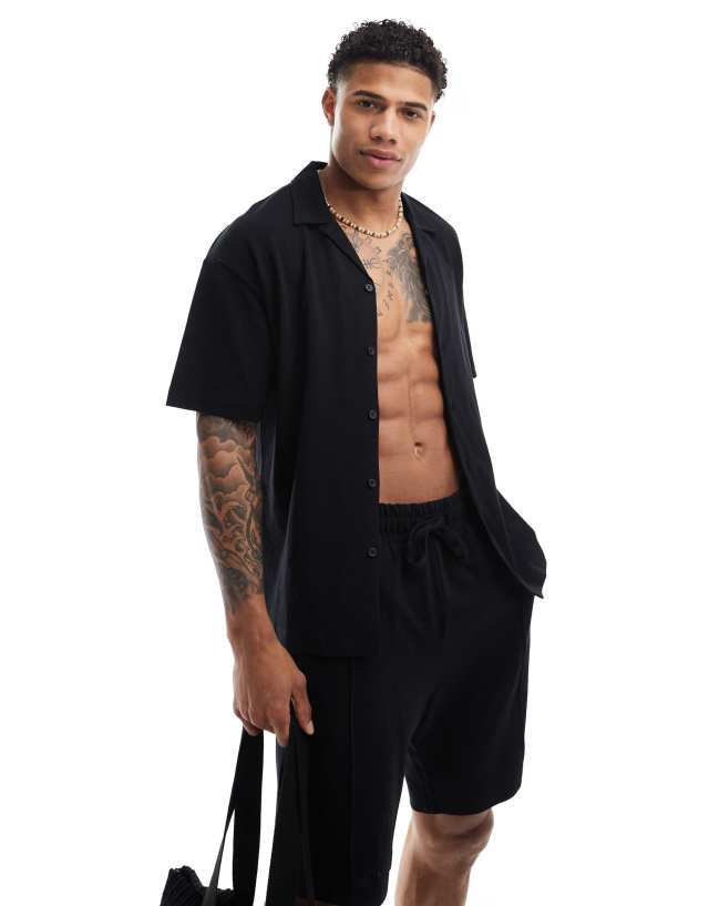 Jack & Jones - revere collar pique shirt co-ord in black