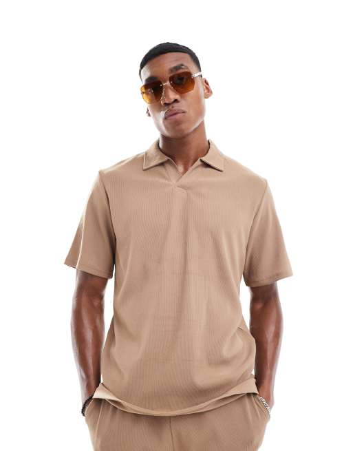 Jack & Jones revere collar plisse polo in khaki (part of a set) 