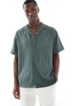 [Jack & Jones] Jack & Jones revere collar seersucker short sleeve shirt in green M Agave green