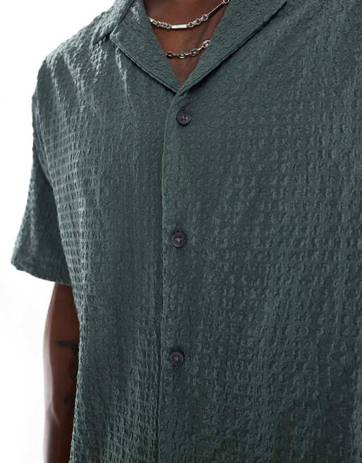 Jack & Jones revere collar seersucker short sleeve shirt in green, 3 of 4
