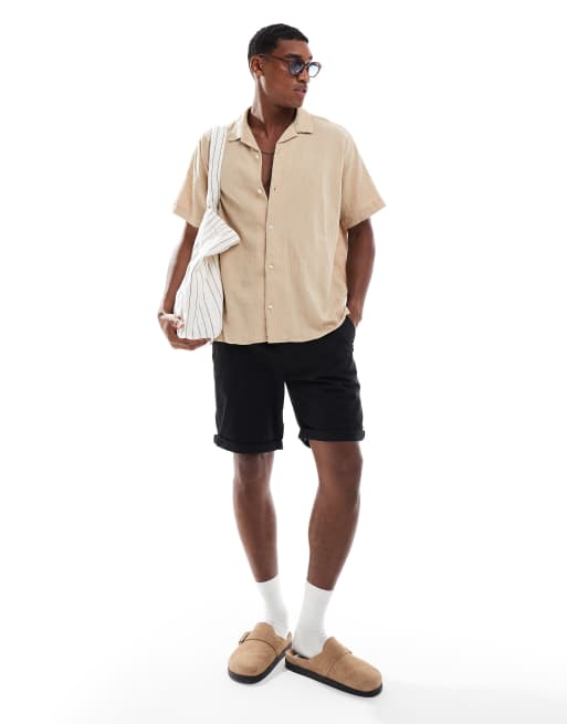 Jack & Jones revere collar shirt in crinkle texture beige