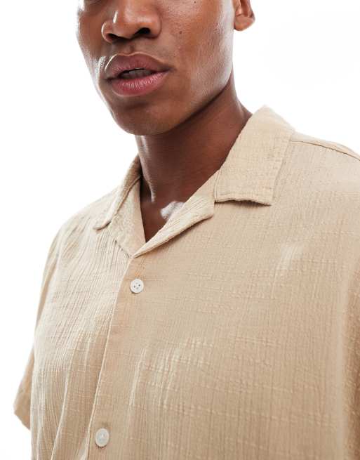 Jack & Jones revere collar shirt in crinkle texture beige