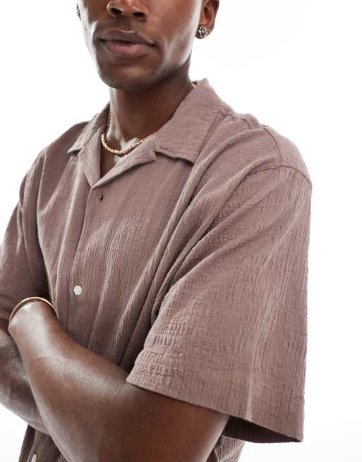 Jack & Jones revere collar shirt in crinkle texture taupe