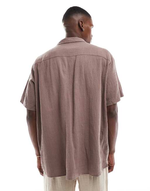 Jack & Jones revere collar shirt in crinkle texture taupe