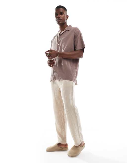 Jack & Jones revere collar shirt in crinkle texture taupe