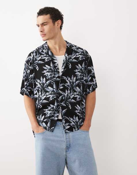 Jack & Jones revere collar shirt with palm print in blue - view 1