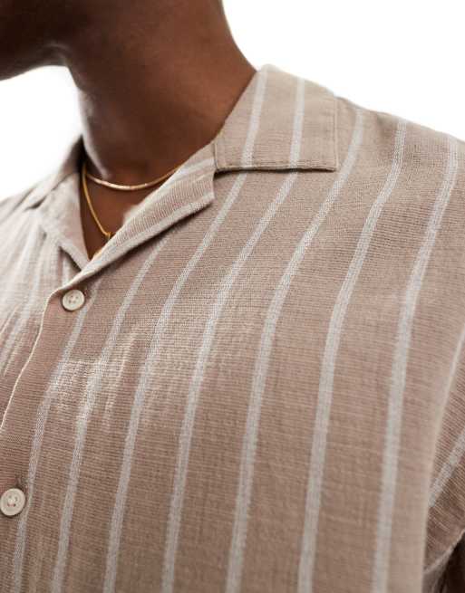 Jack & Jones revere collar textured stripe short sleeve shirt in beige, 2 of 4