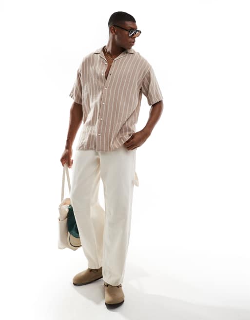 Jack & Jones revere collar textured stripe short sleeve shirt in beige, 3 of 4
