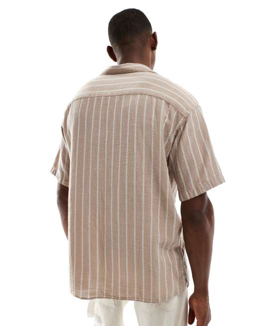 Jack & Jones revere collar textured stripe short sleeve shirt in beige, 4 of 4