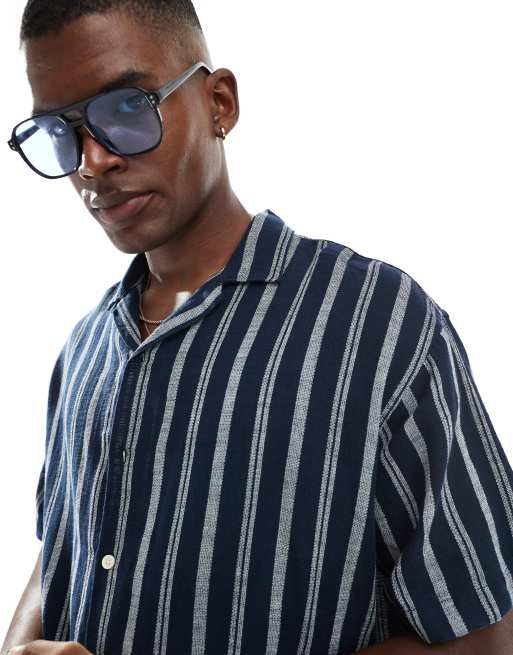 Jack & Jones revere collar textured stripe short sleeve shirt in navy