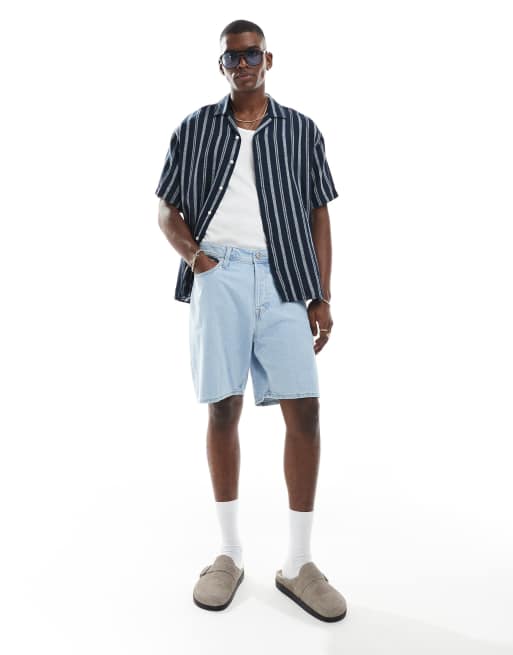 Jack & Jones revere collar textured stripe short sleeve shirt in navy