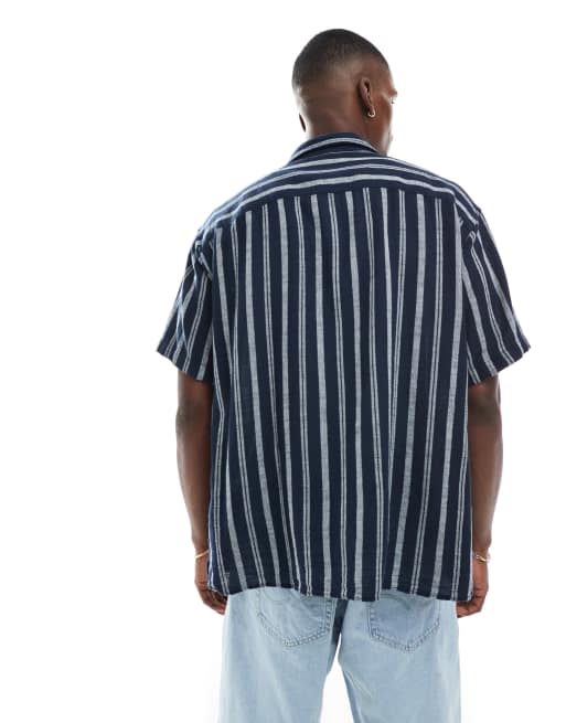 Jack & Jones revere collar textured stripe short sleeve shirt in navy