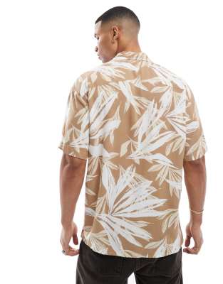 Jack & Jones revere collar tropical print short sleeve shirt in beige