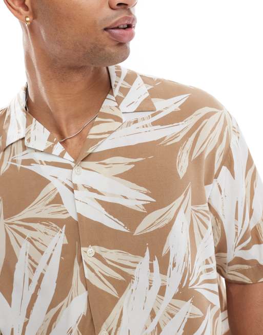 Jack & Jones revere collar tropical print short sleeve shirt in beige, 3 of 4