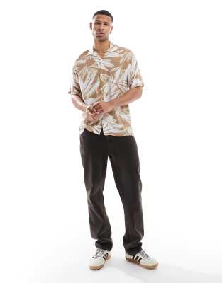 Jack & Jones revere collar tropical print short sleeve shirt in beige