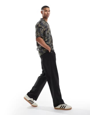 Shop Jack & Jones Revere Collar Tropical Print Short Sleeve Shirt In Black