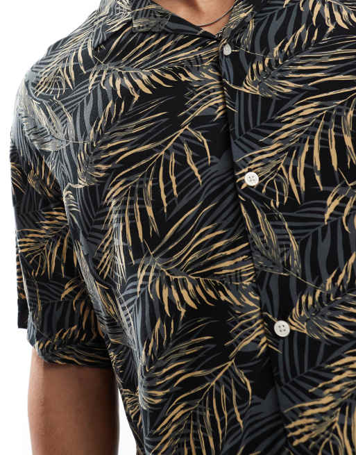Jack & Jones revere collar tropical print short sleeve shirt in black, 3 of 4