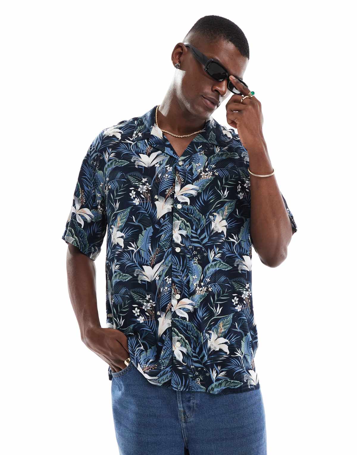 Jack & Jones revere collar tropical print short sleeve shirt in navy