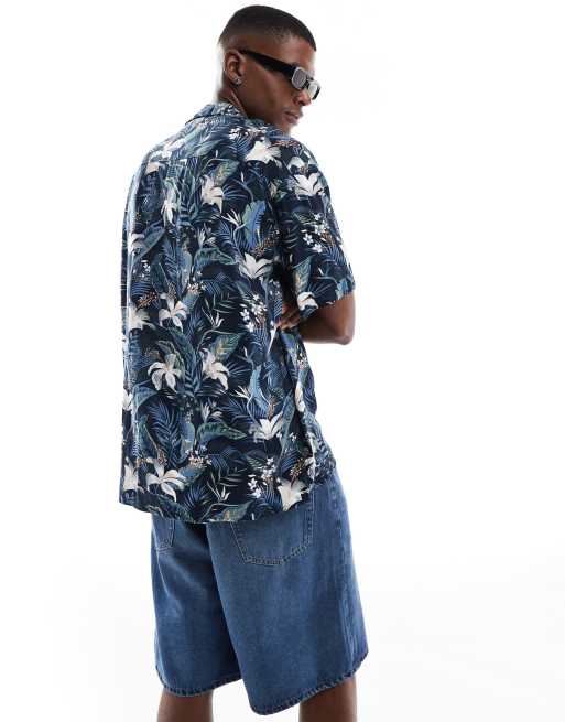 Jack & Jones revere collar tropical print short sleeve shirt in navy, 3 of 4