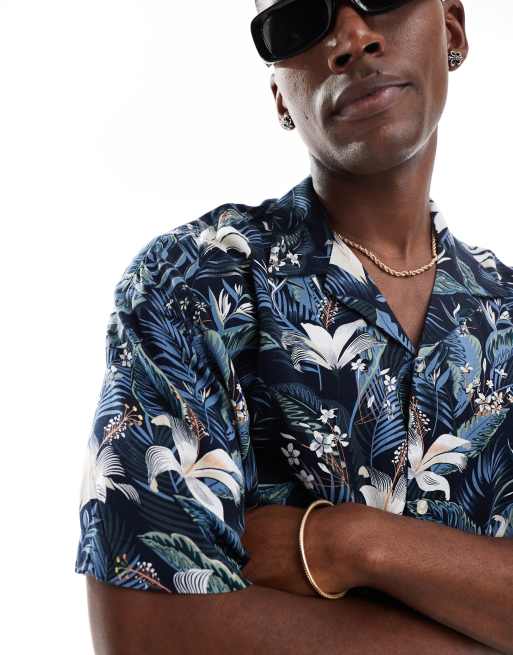 Jack & Jones revere collar tropical print short sleeve shirt in navy, 4 of 4