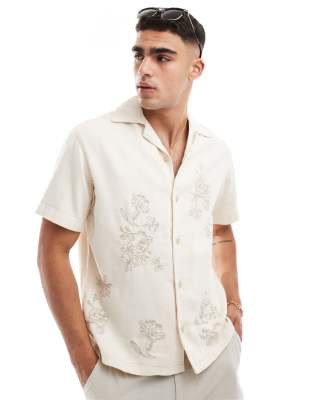 Jack & Jones Revere Collar Twill Shirt With Embroidery In Ecru-white