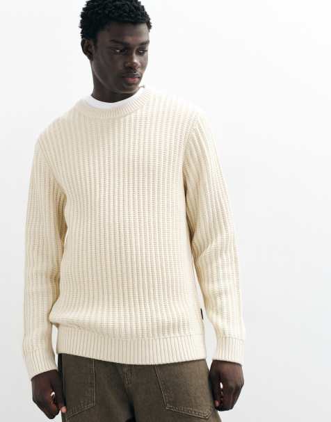 Jack & Jones ribbed crew neck jumper in off white - view 1