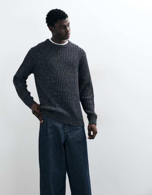 Jack & Jones ribbed crew neck sweater in navy heather, 2 of 5