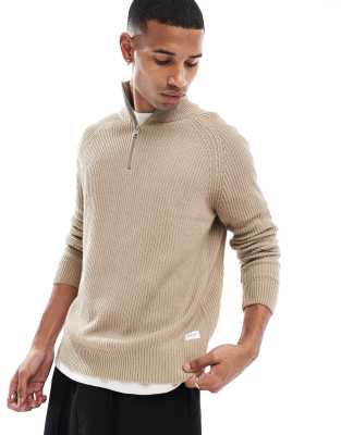 Jack & Jones ribbed fisherman quarter zip jumper in beige-Neutral