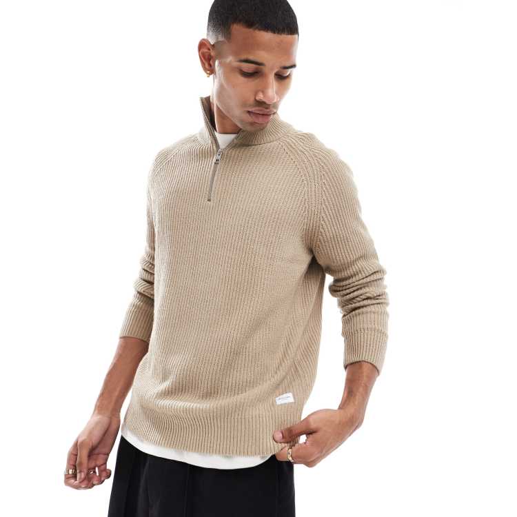 Jack & Jones ribbed fisherman quarter zip jumper in beige | ASOS