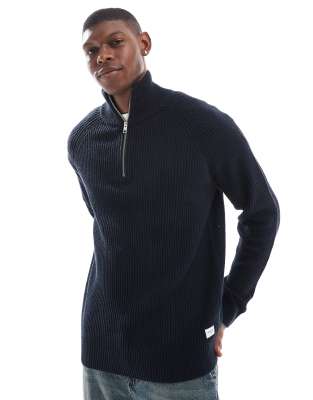 Jack & Jones ribbed fisherman quarter zip jumper in navy