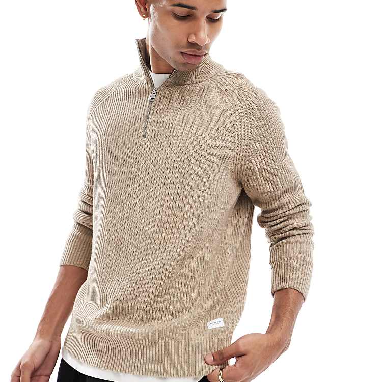 Jack & Jones ribbed fisherman quarter zip sweater in beige Jack & Jones ribbed fisherman quarter zip sweater in beige