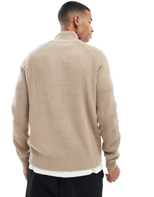 Jack & Jones ribbed fisherman quarter zip sweater in beige