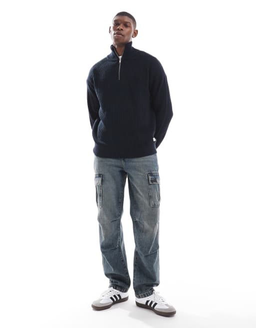 Jack & Jones ribbed fisherman quarter zip sweater in navy 