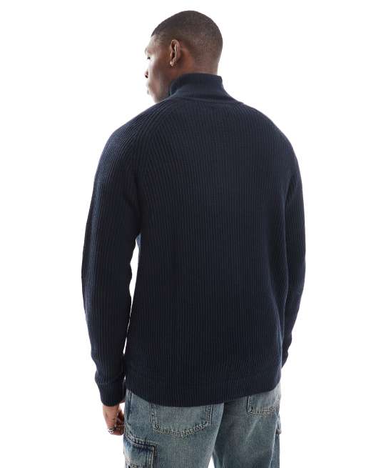 Jack & Jones ribbed fisherman quarter zip sweater in navy 